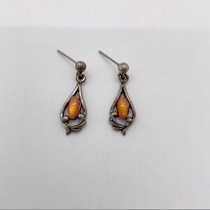 925 Sterling Silver Antiqued Vintage Inspired Yellow Orange Cabochon Earrings